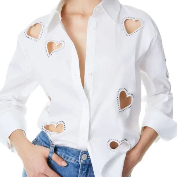 Alice + Olivia Finley Heart Embellished Button Down S - Picture 1 of 8